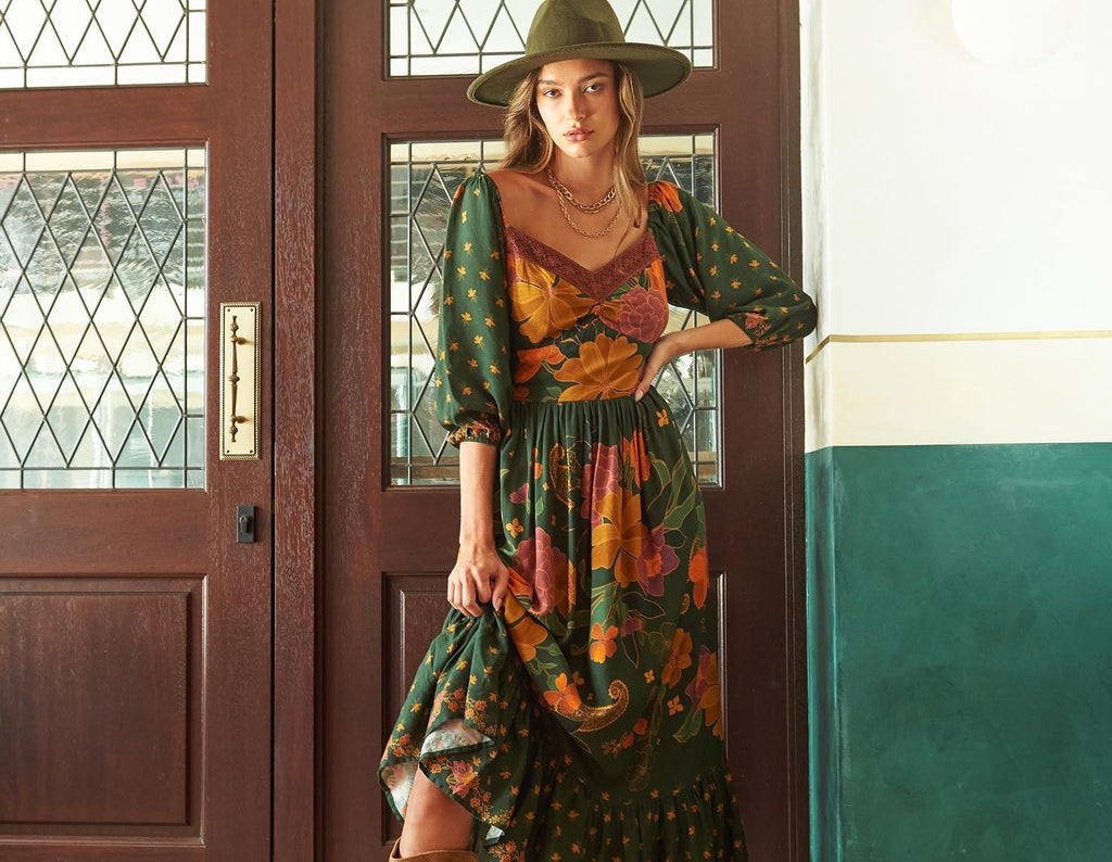 We have your Fall Holiday Dress. The vibrant colors of Fall make this dress perfect for gatherings and, of course, Thanksgiving! Viscose and cotton made in India.