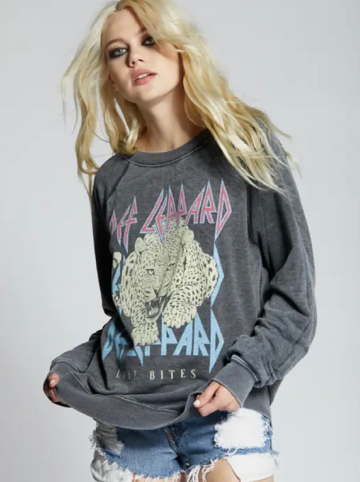 Recycled Karma Def Leppard Women's Sweater. Perfect oversized fit in this vintage, soft fabric. Polyester, cotton, and spandex.